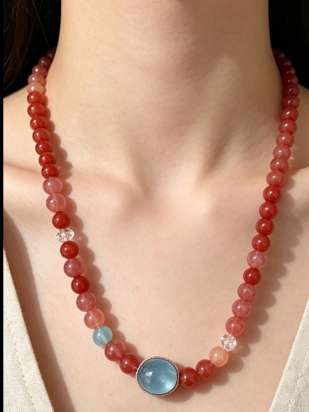 Unique Handmade Strawberry Quartz Aquamarine 925 Silver Necklace